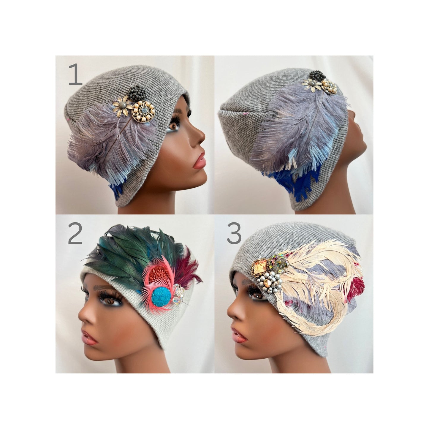 GREY Embellished Feathered & Jeweled Knit Hat