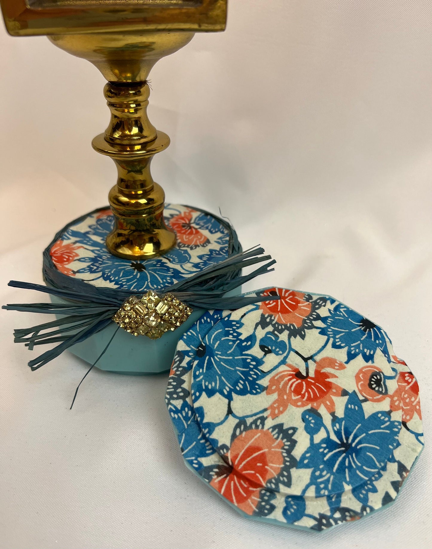 Trinket Dish - Vintage Jeweled Brass Pedestal Storage Dish w/lid