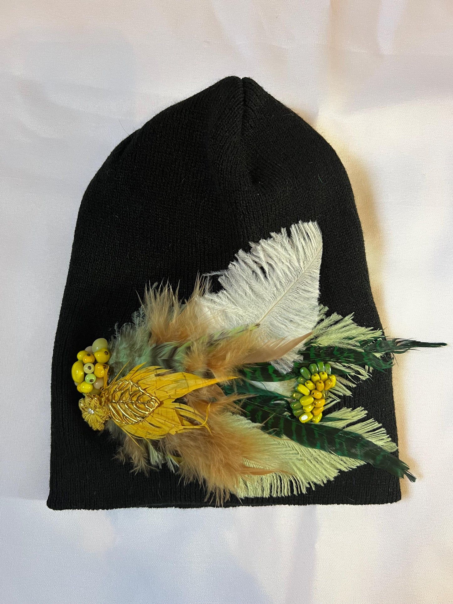 Golden Afternoon Stroll - Black Vintage Embellished Jeweled & Feathered Boho Knit Sparkly Winter Flapper Style Hat