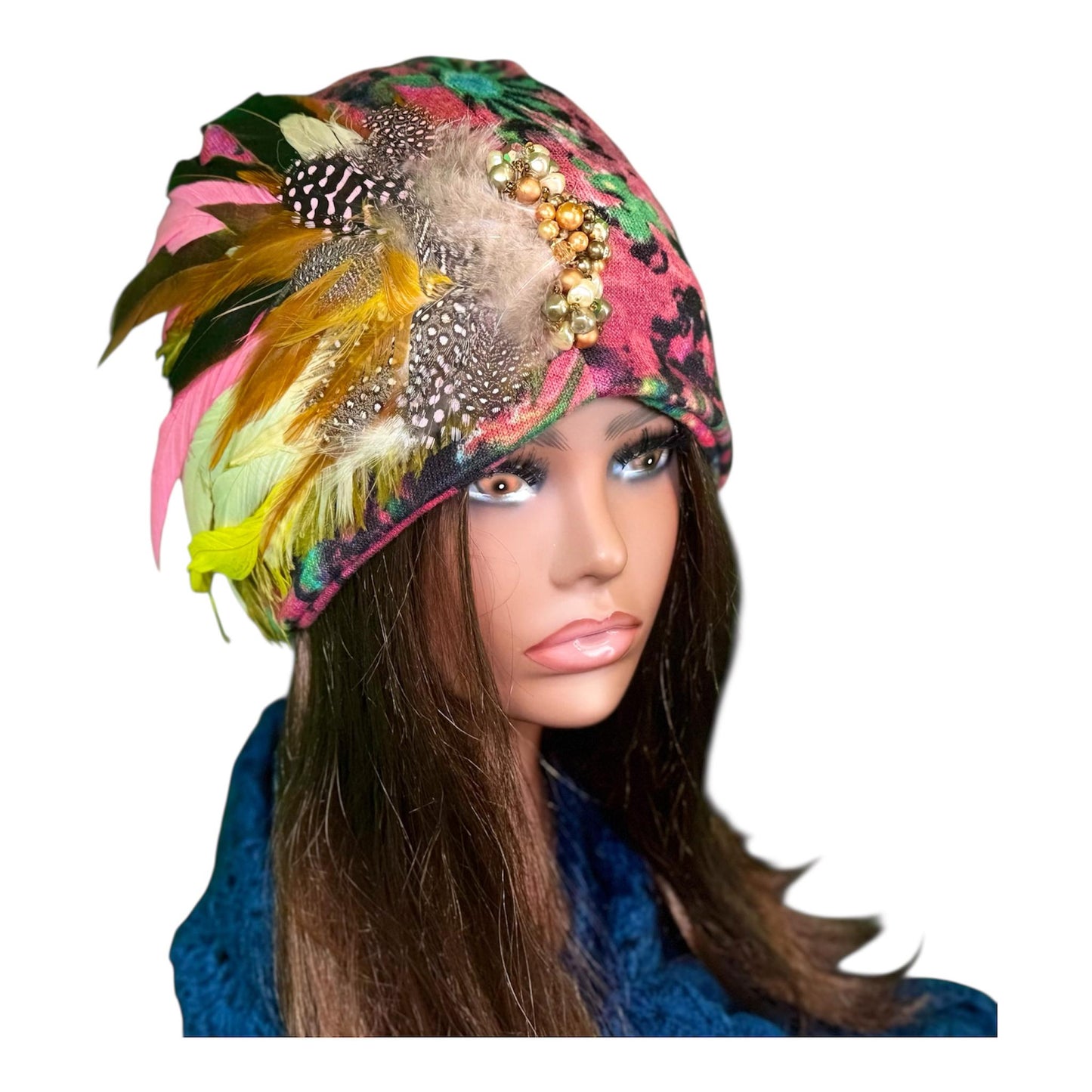 Fancy Feathered Jeweled Beanie Hat - Floral Winter Flapper Beanie - Luxury Skiing Hat