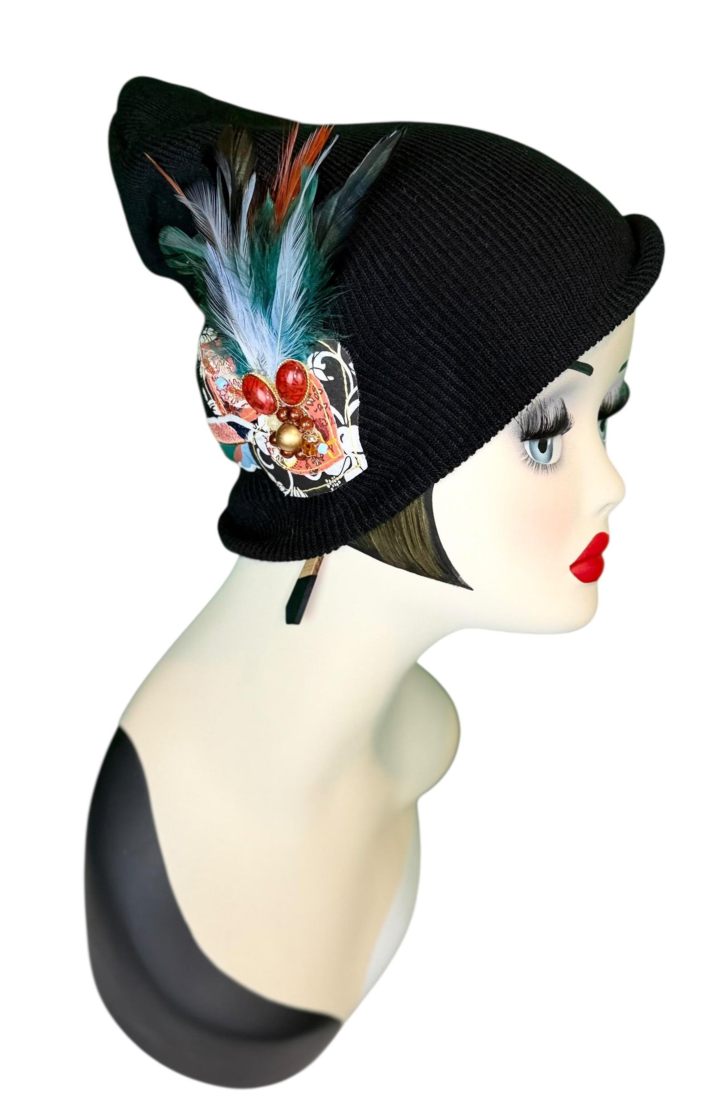 Statement Tribal Patchwork Flapper - Designer Jeweled and Feathered Embellished Knit Hat