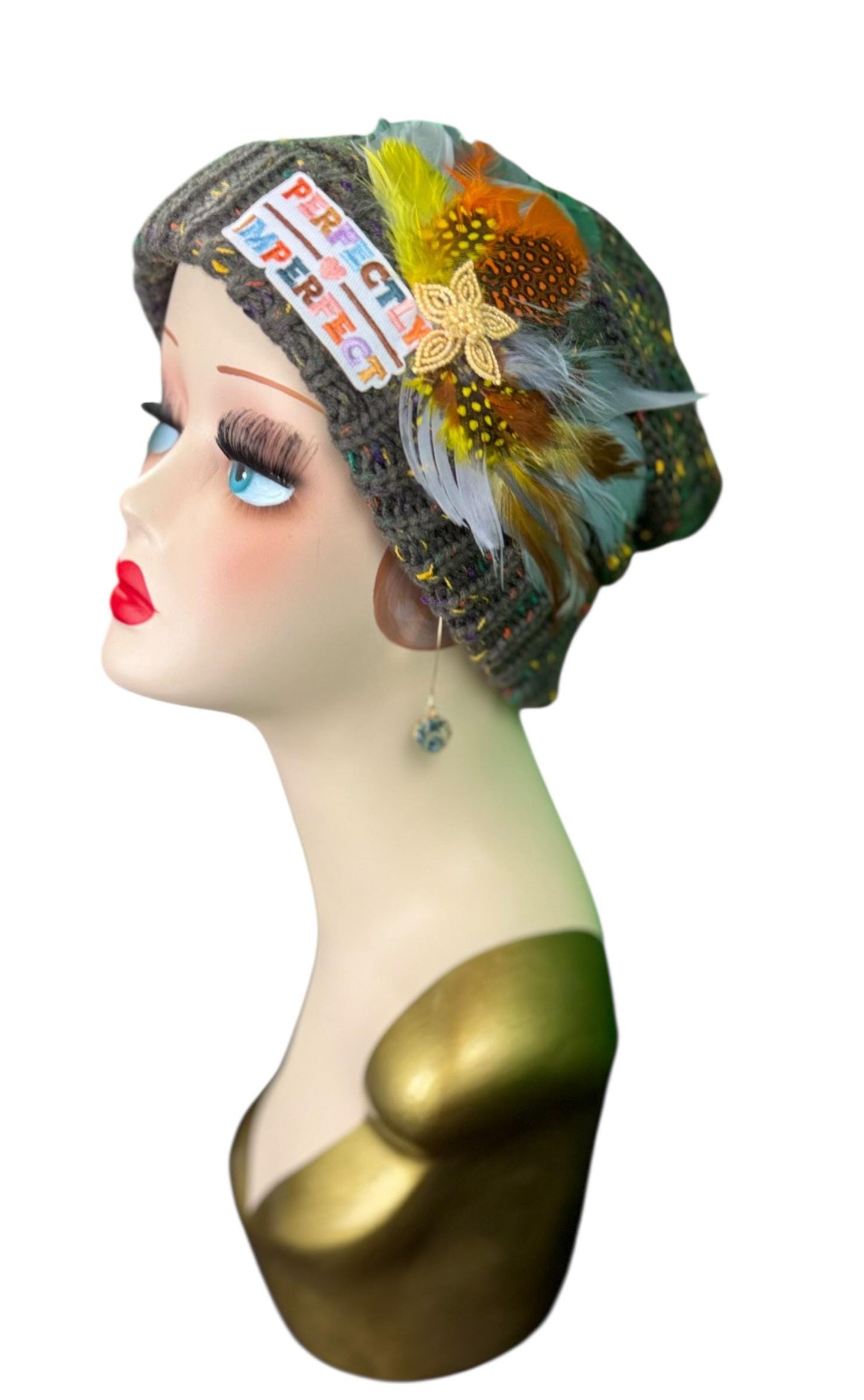Perfectly Imperfect Patchwork - Feather Trimmed & Jeweled - All Season’s Beanie