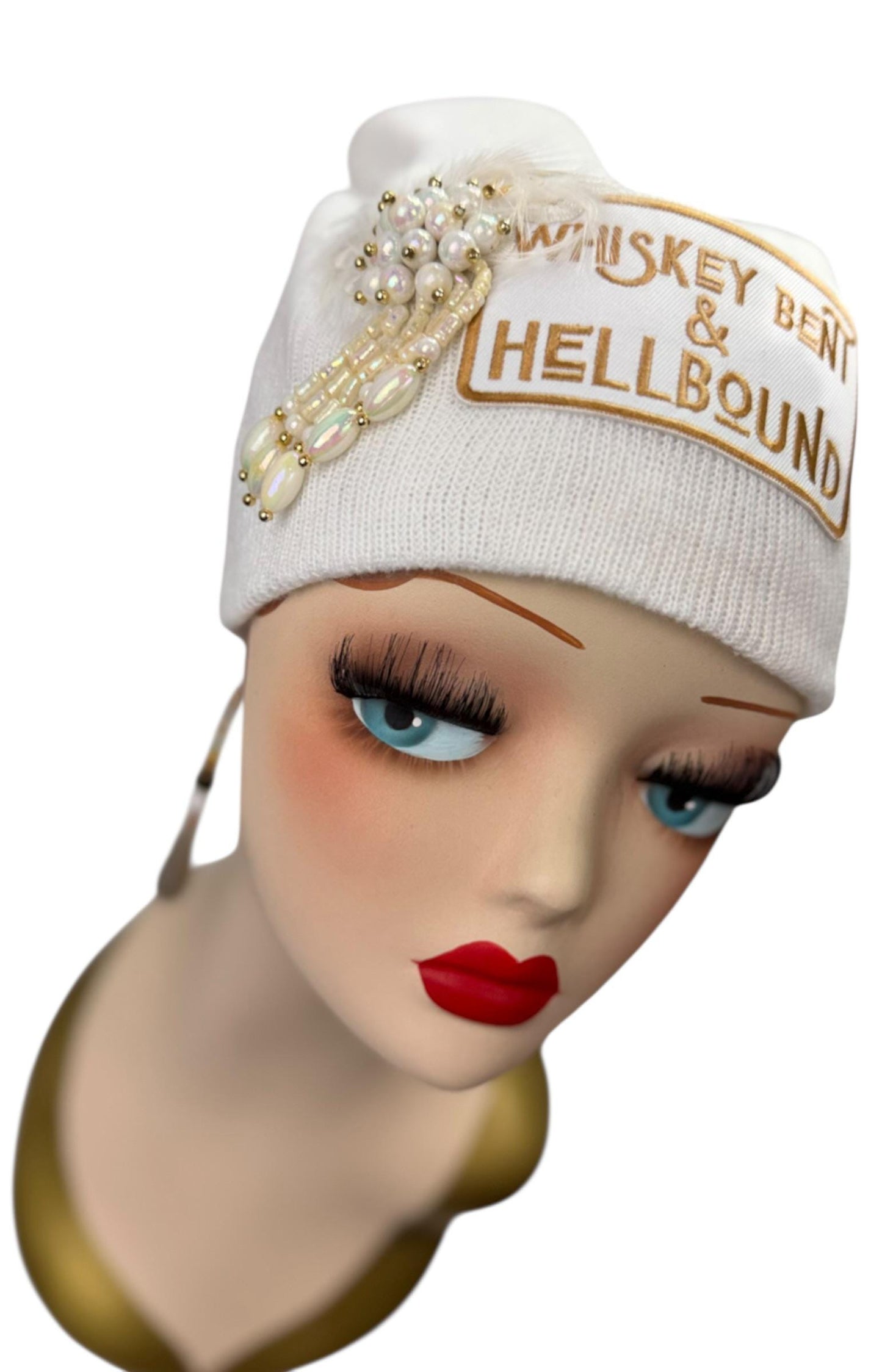 Whiskey Bent & HellBound Statement Patchwork Vintage Jeweled Embellished Fashionable Beanie