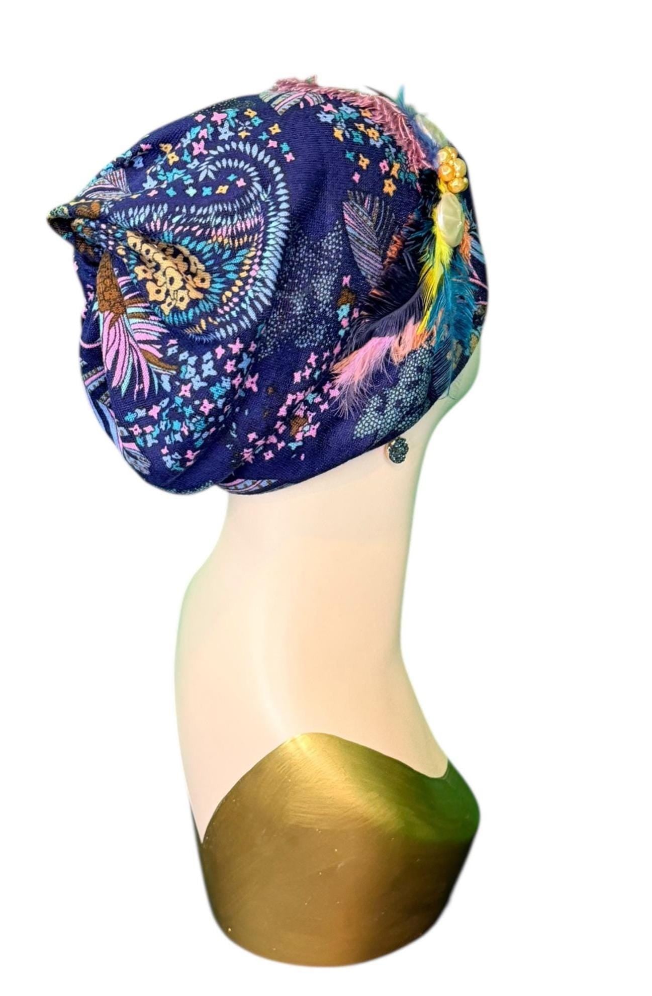 Fancy Feathered Jeweled Knit Hat - Sparkly Winter Flapper Beanie - Luxury Skiing Hat