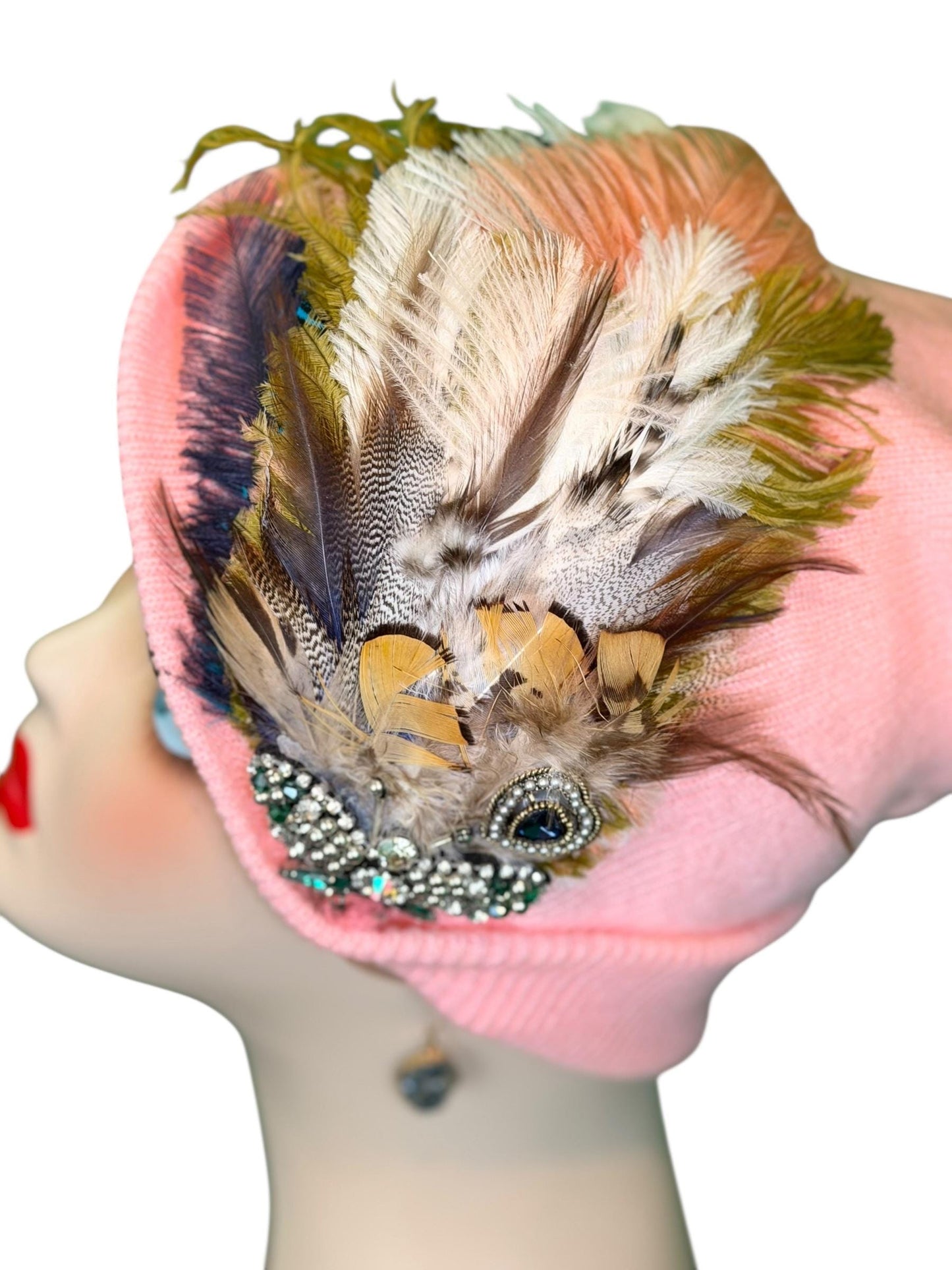 Bumblebee Jeweled & Feather Knit Hat - Fancy Sparkly Winter Flapper Beanie - Luxury Skiing Hat