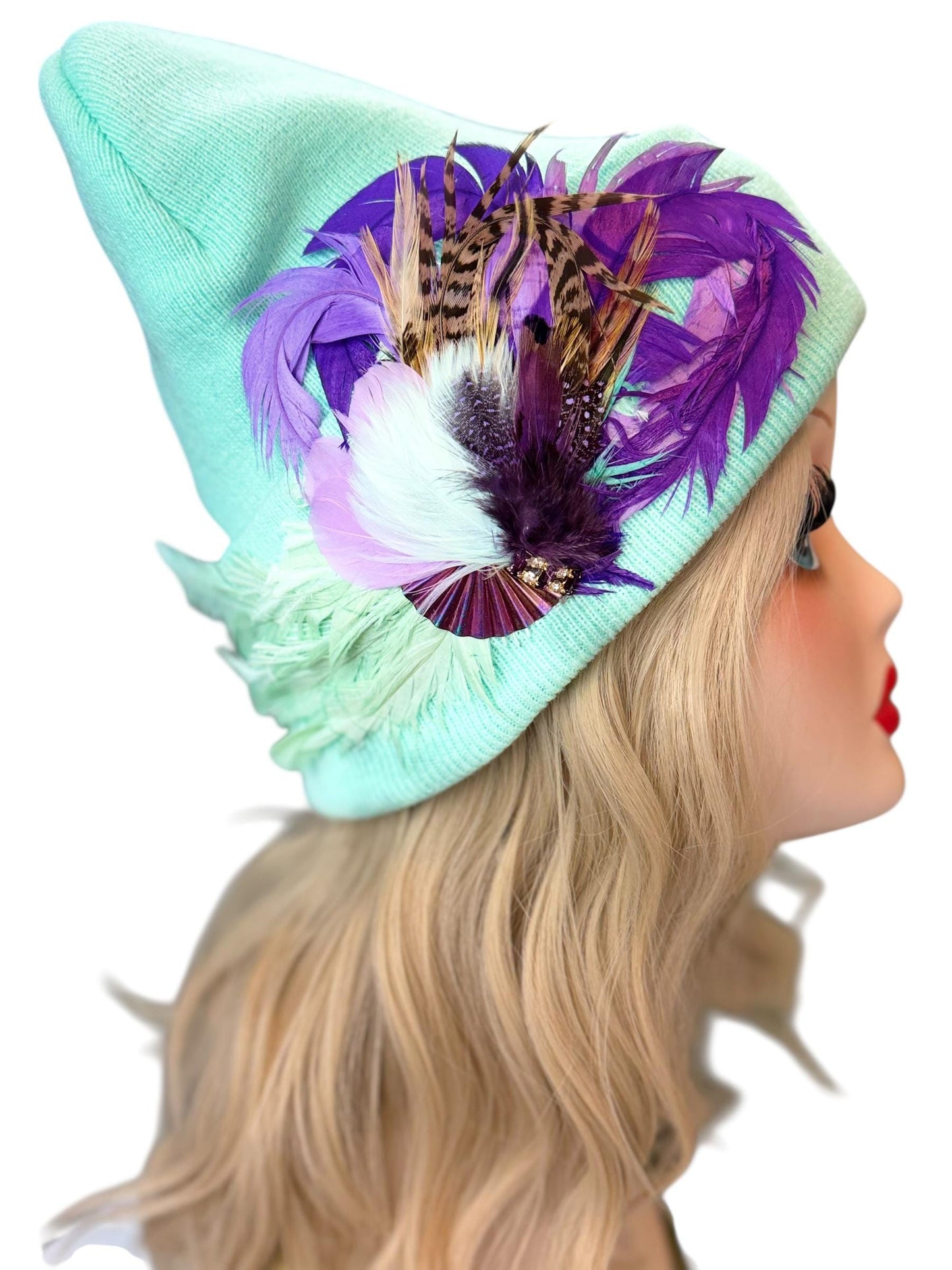 Mint and Berries Luxury Skiing Hat with Feathers & Vintage Jeweled Embellishments