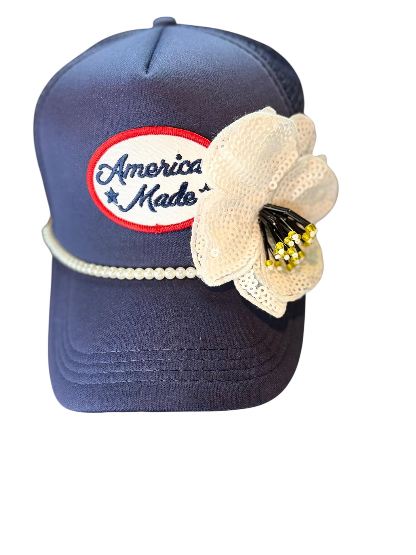 American Made Feathered Style Statement Patchwork Vintage Jeweled Trucker Hat
