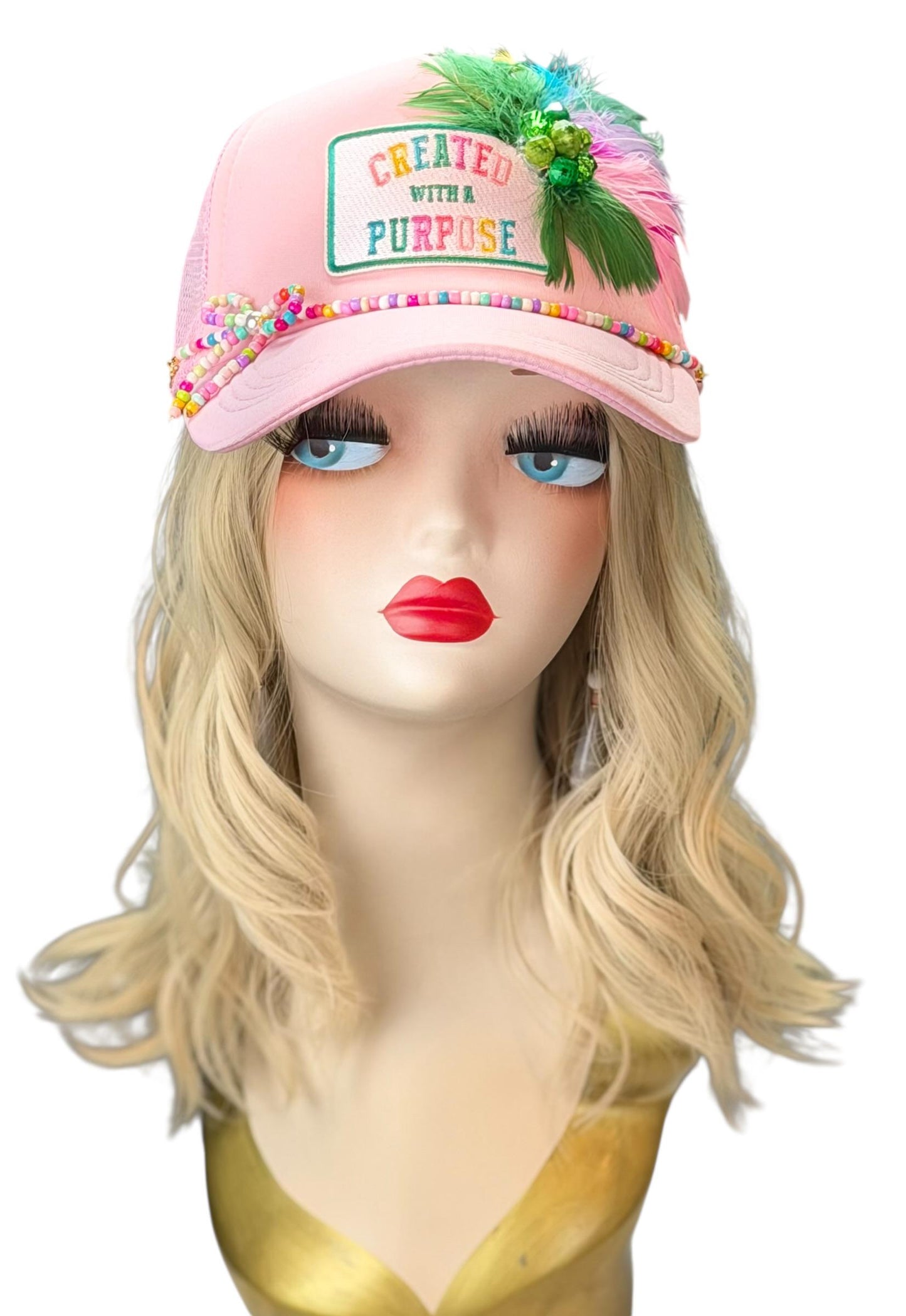 Curated With A Purpose Style Statement Patchwork Feathered & Jeweled Avant-Garde Fashionable Trucker Hat