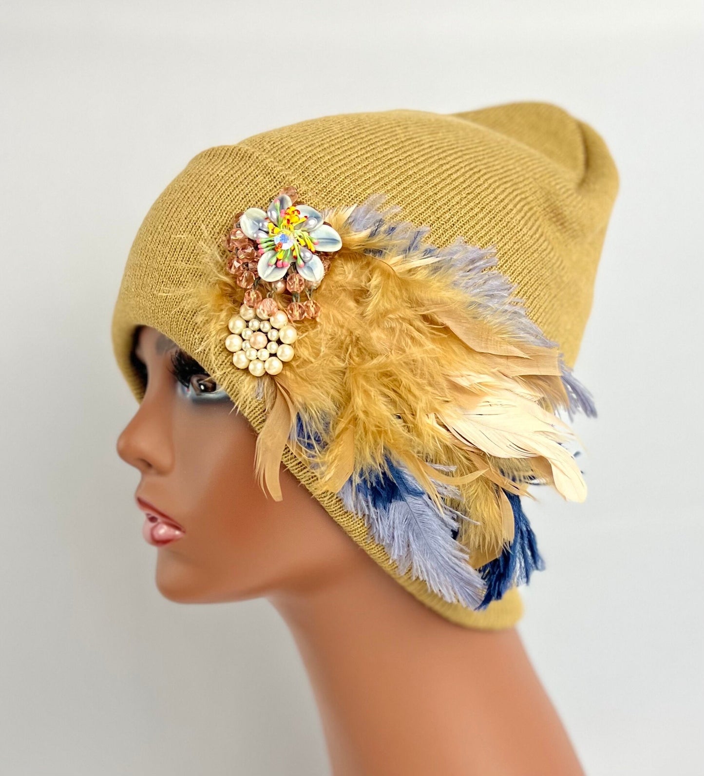 Embellished Feather & Jeweled Knit Hat
