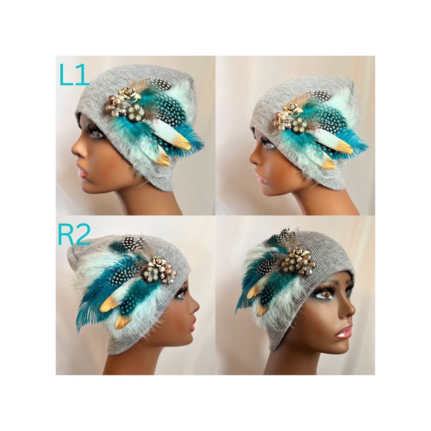 GREY Embellished Feathered & Jeweled Knit Hat