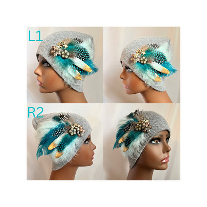GREY Embellished Feathered & Jeweled Knit Hat
