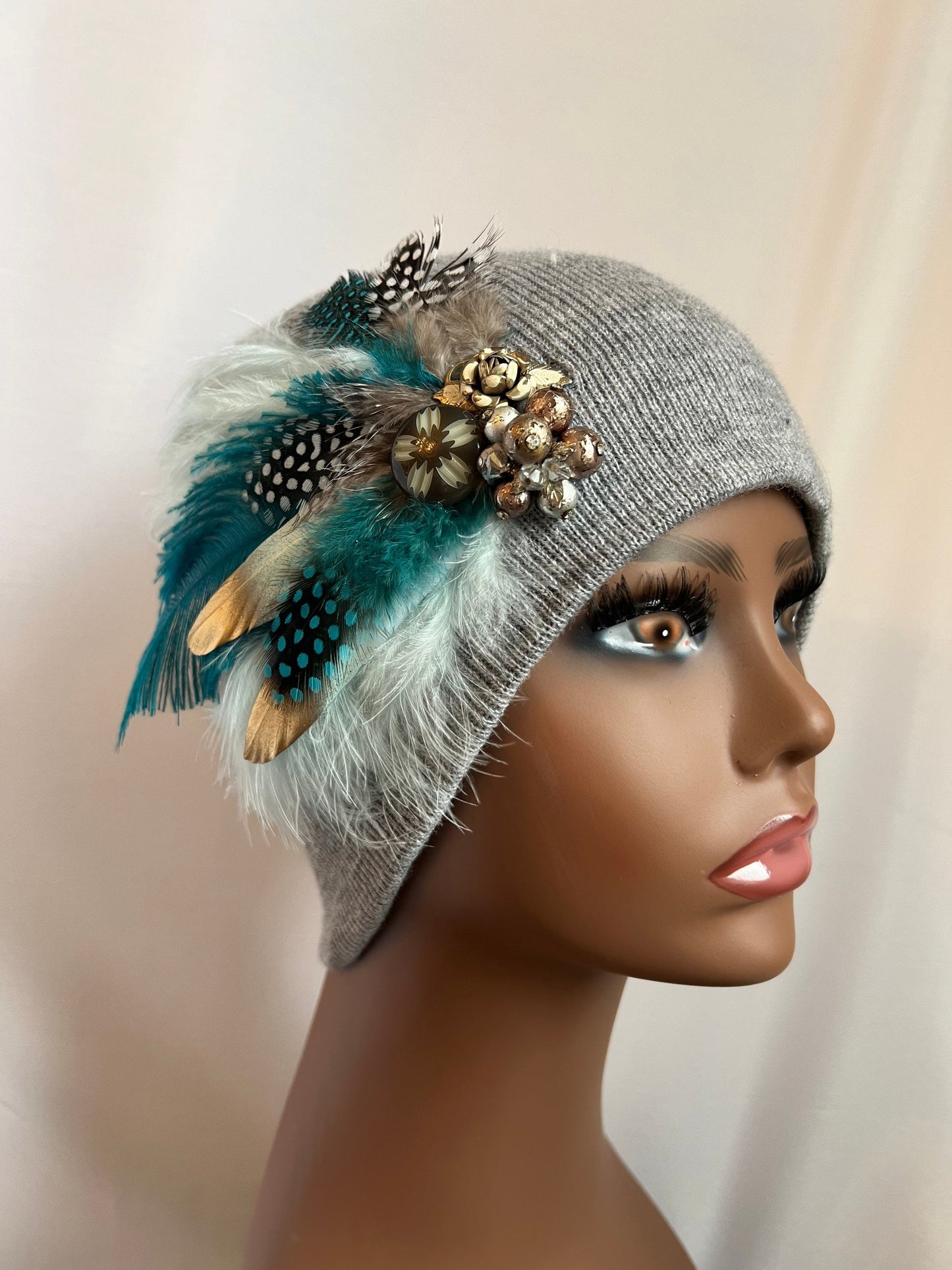 GREY Embellished Feathered & Jeweled Knit Hat