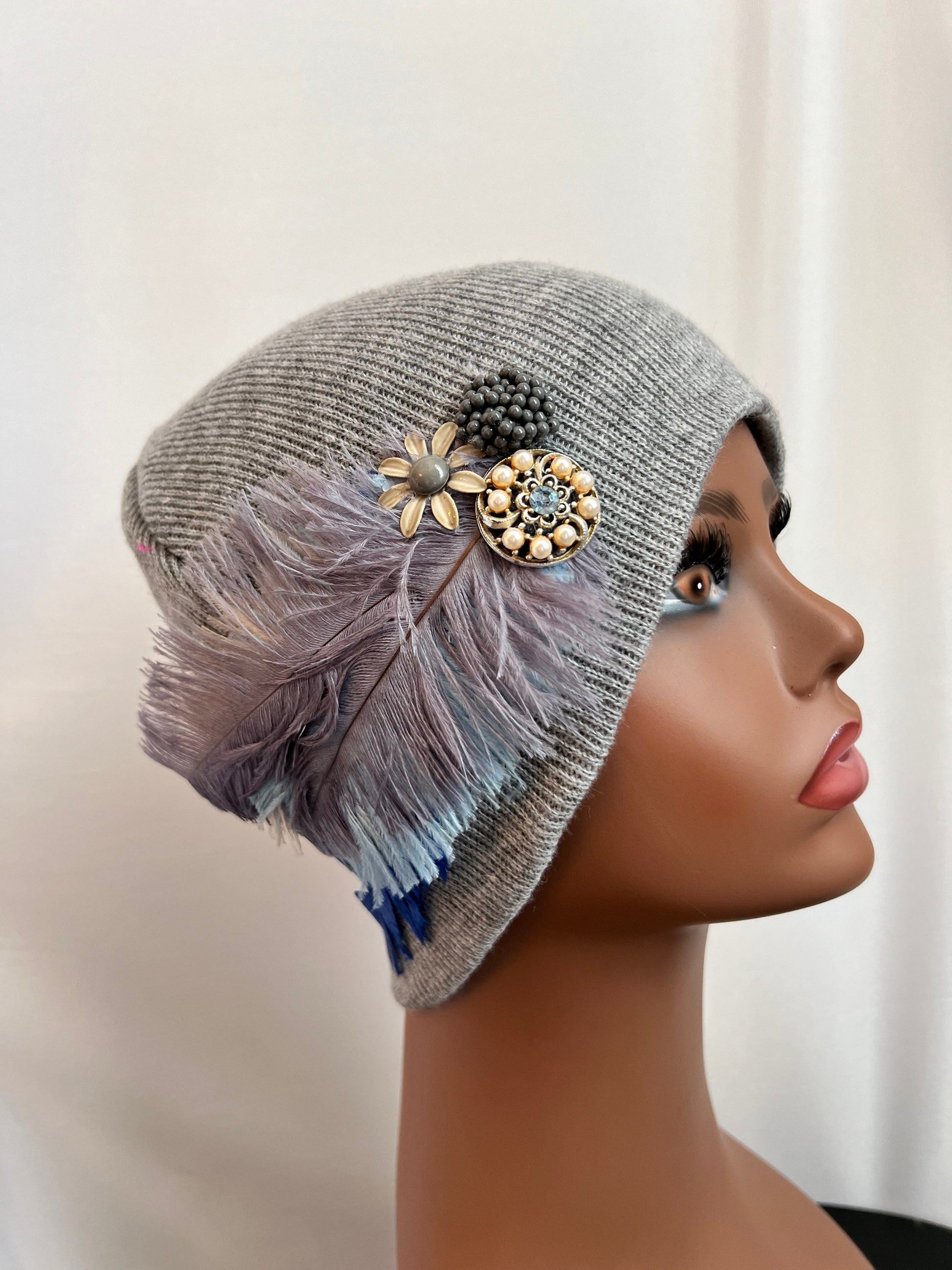 GREY Embellished Feathered & Jeweled Knit Hat
