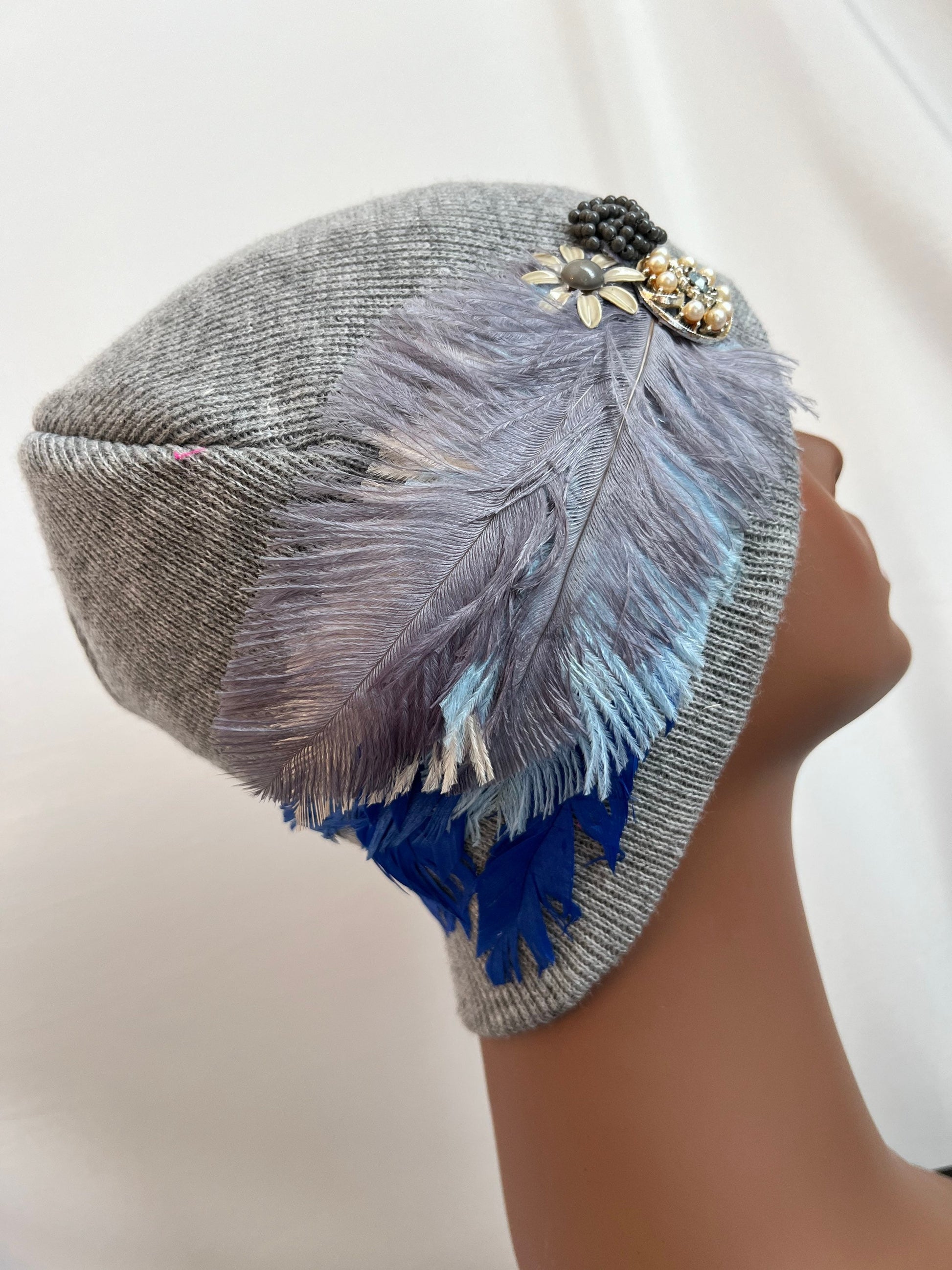 GREY Embellished Feathered & Jeweled Knit Hat