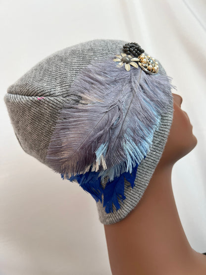 GREY Embellished Feathered & Jeweled Knit Hat