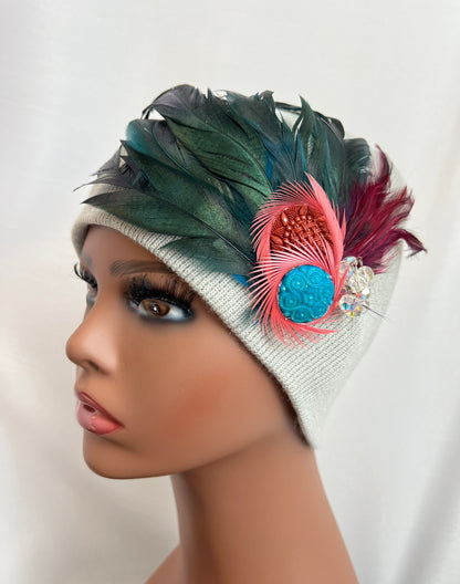 GREY Embellished Feathered & Jeweled Knit Hat