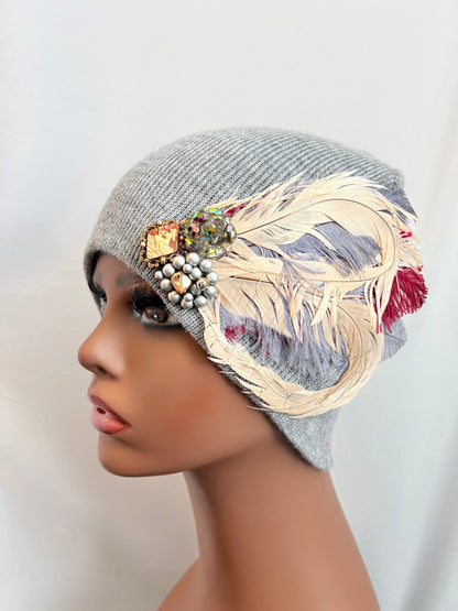 GREY Embellished Feathered & Jeweled Knit Hat