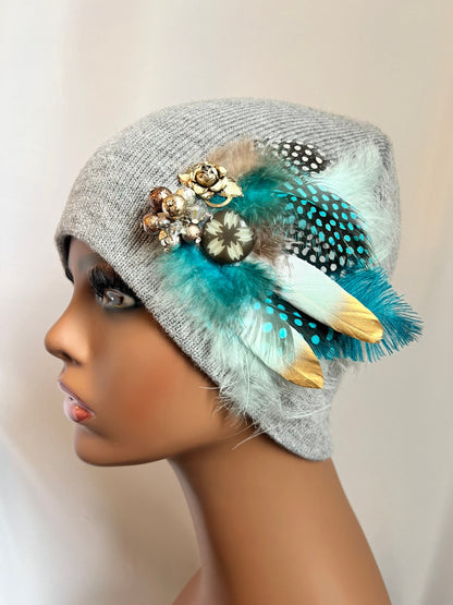 GREY Embellished Feathered & Jeweled Knit Hat