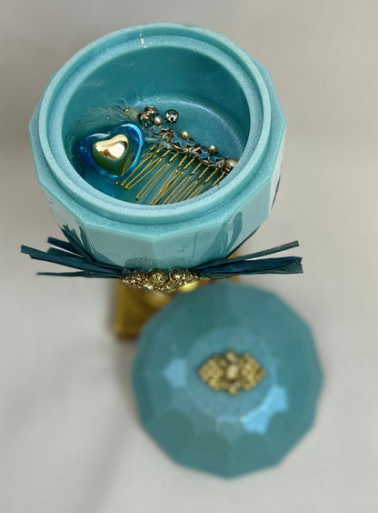 Trinket Dish - Vintage Jeweled Brass Pedestal Storage Dish w/lid