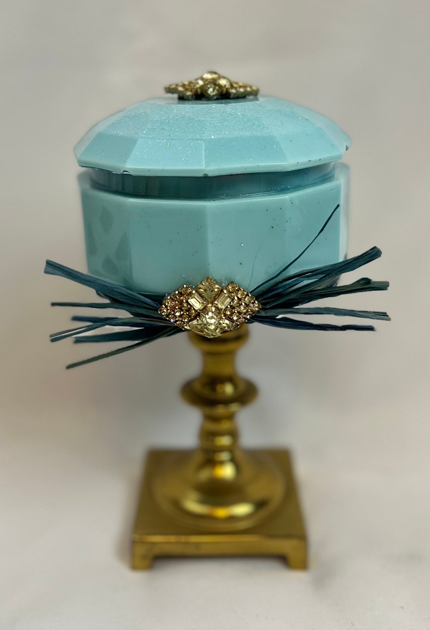 Trinket Dish - Vintage Jeweled Brass Pedestal Storage Dish w/lid