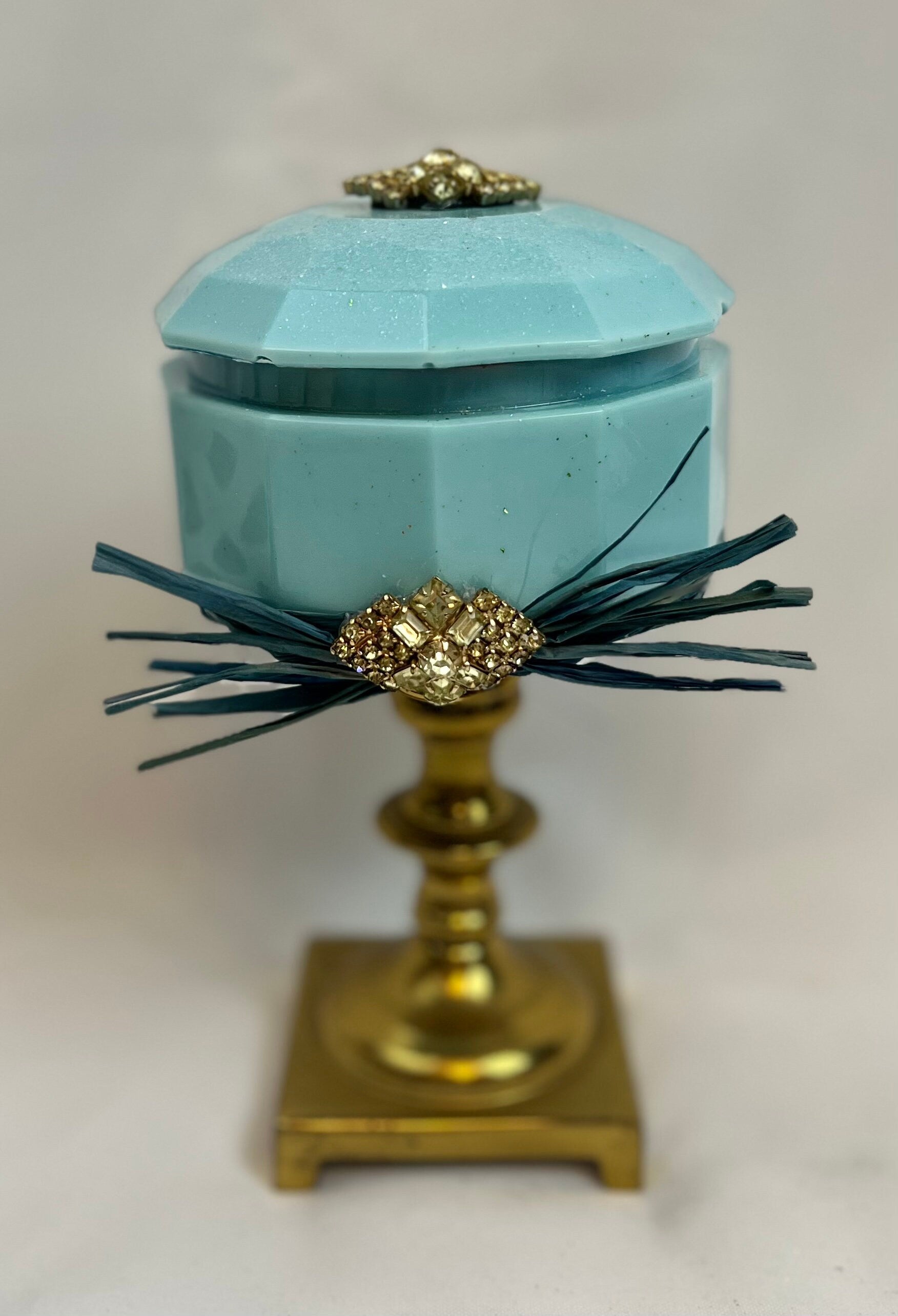 Trinket Dish - Vintage Jeweled Brass Pedestal Storage Dish w/lid