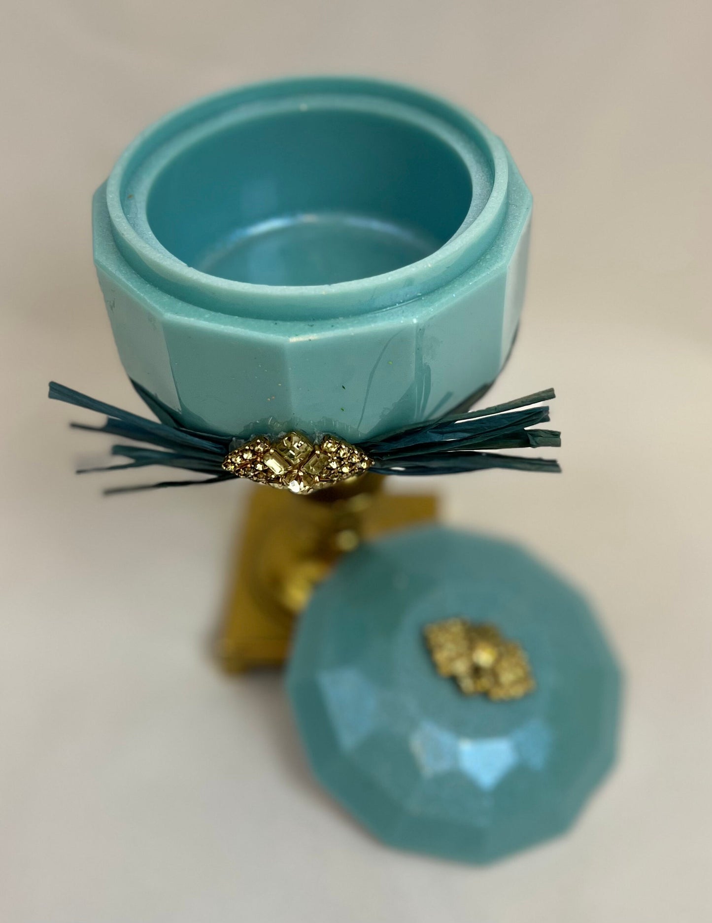 Trinket Dish - Vintage Jeweled Brass Pedestal Storage Dish w/lid