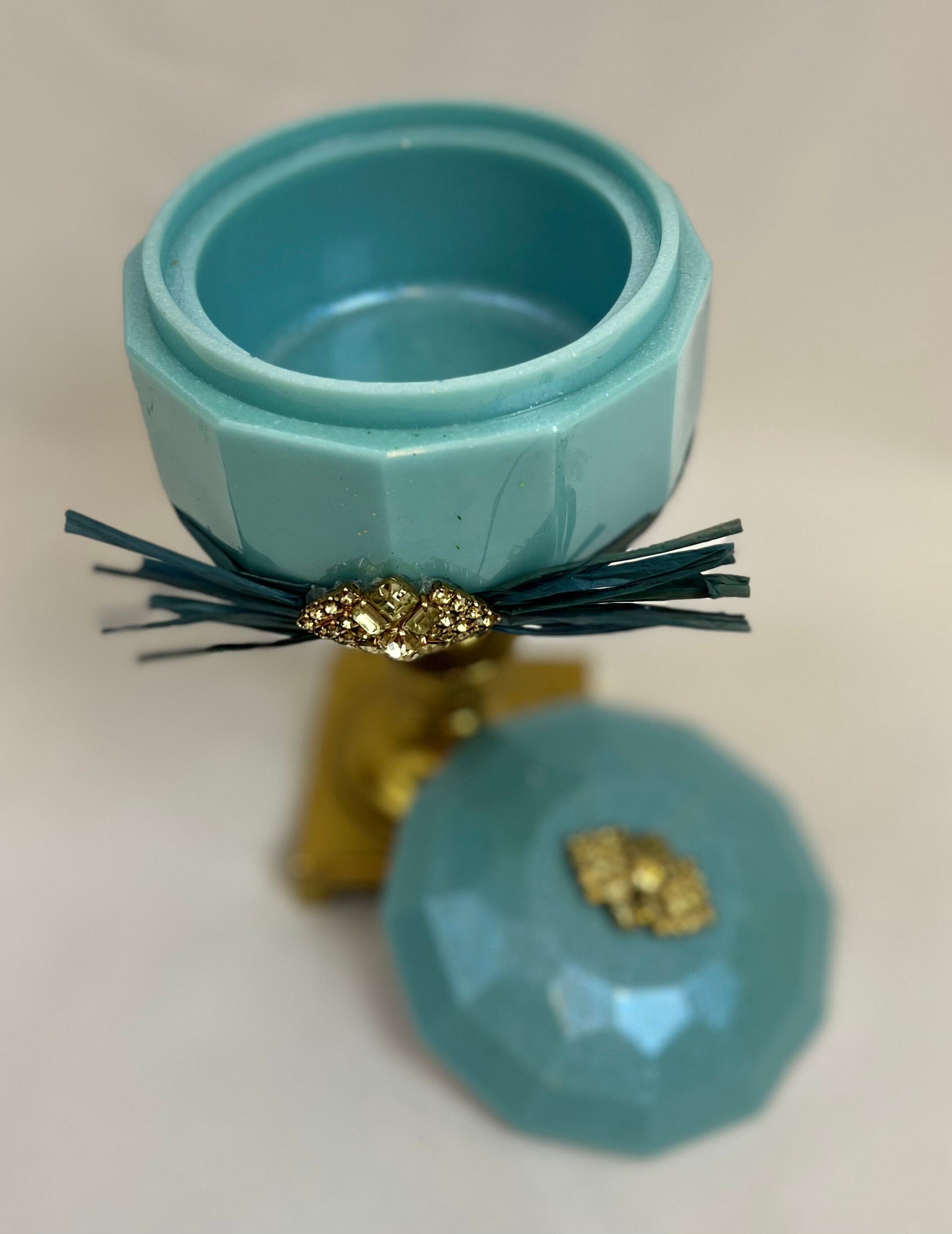 Trinket Dish - Vintage Jeweled Brass Pedestal Storage Dish w/lid