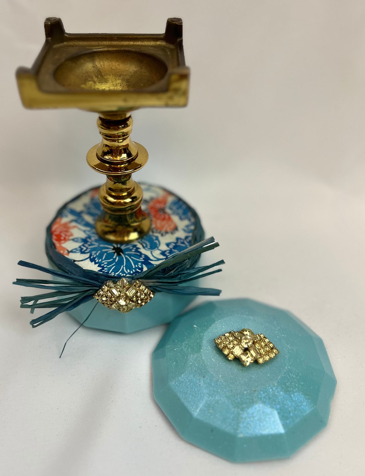 Trinket Dish - Vintage Jeweled Brass Pedestal Storage Dish w/lid