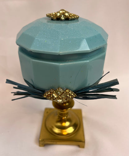 Trinket Dish - Vintage Jeweled Brass Pedestal Storage Dish w/lid
