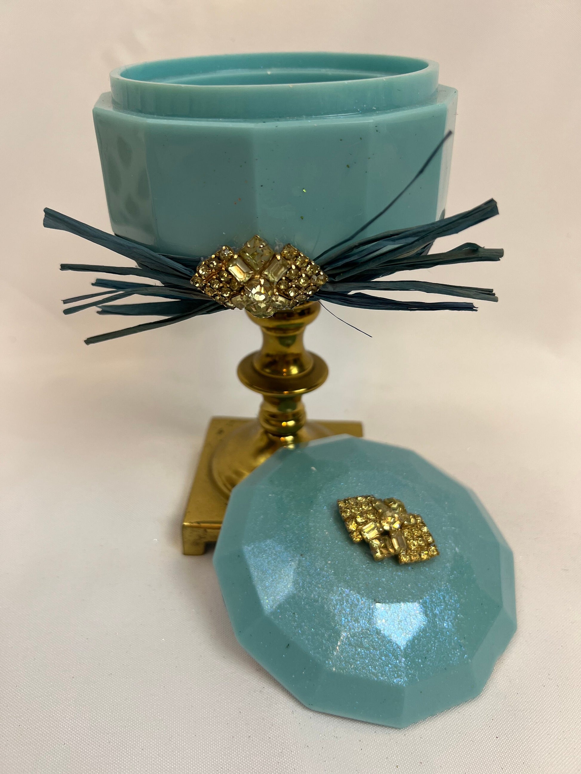 Trinket Dish - Vintage Jeweled Brass Pedestal Storage Dish w/lid