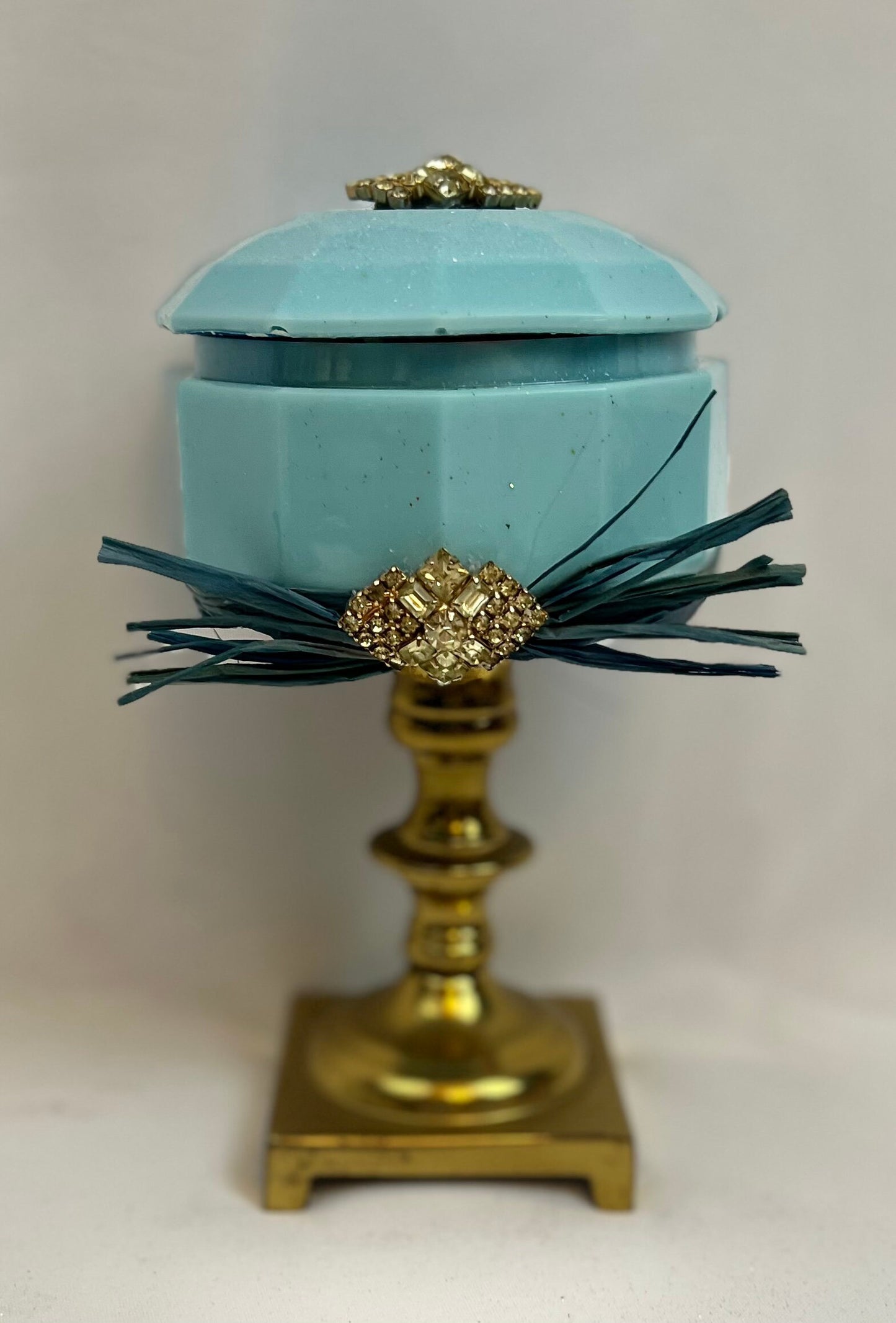 Trinket Dish - Vintage Jeweled Brass Pedestal Storage Dish w/lid
