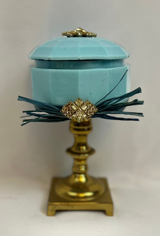 Trinket Dish - Vintage Jeweled Brass Pedestal Storage Dish w/lid