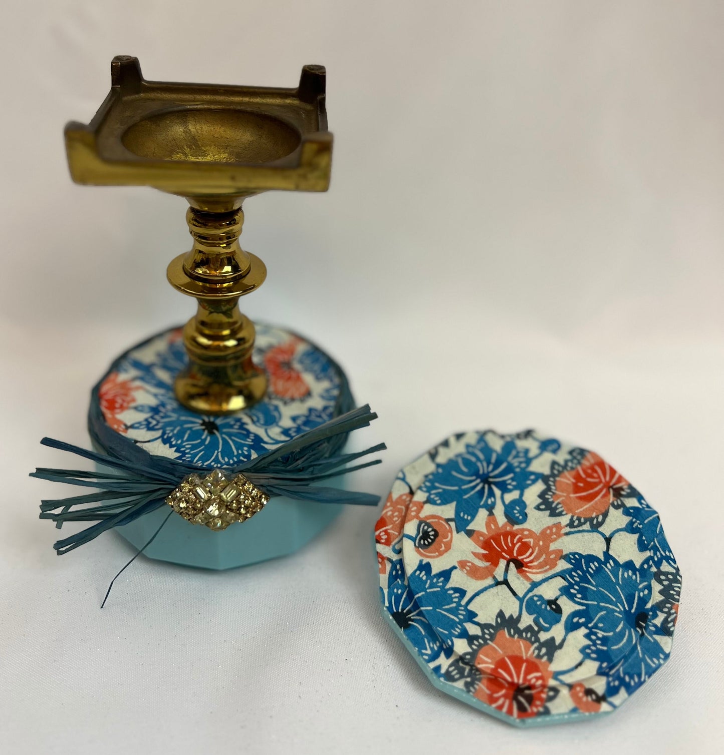 Trinket Dish - Vintage Jeweled Brass Pedestal Storage Dish w/lid