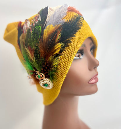 Embellished Feathered & Jeweled Knit Hat