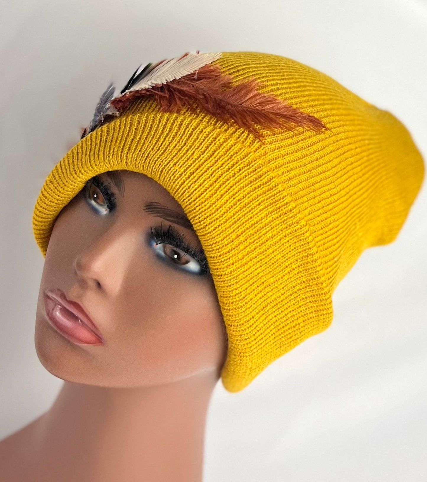 Embellished Feathered & Jeweled Knit Hat