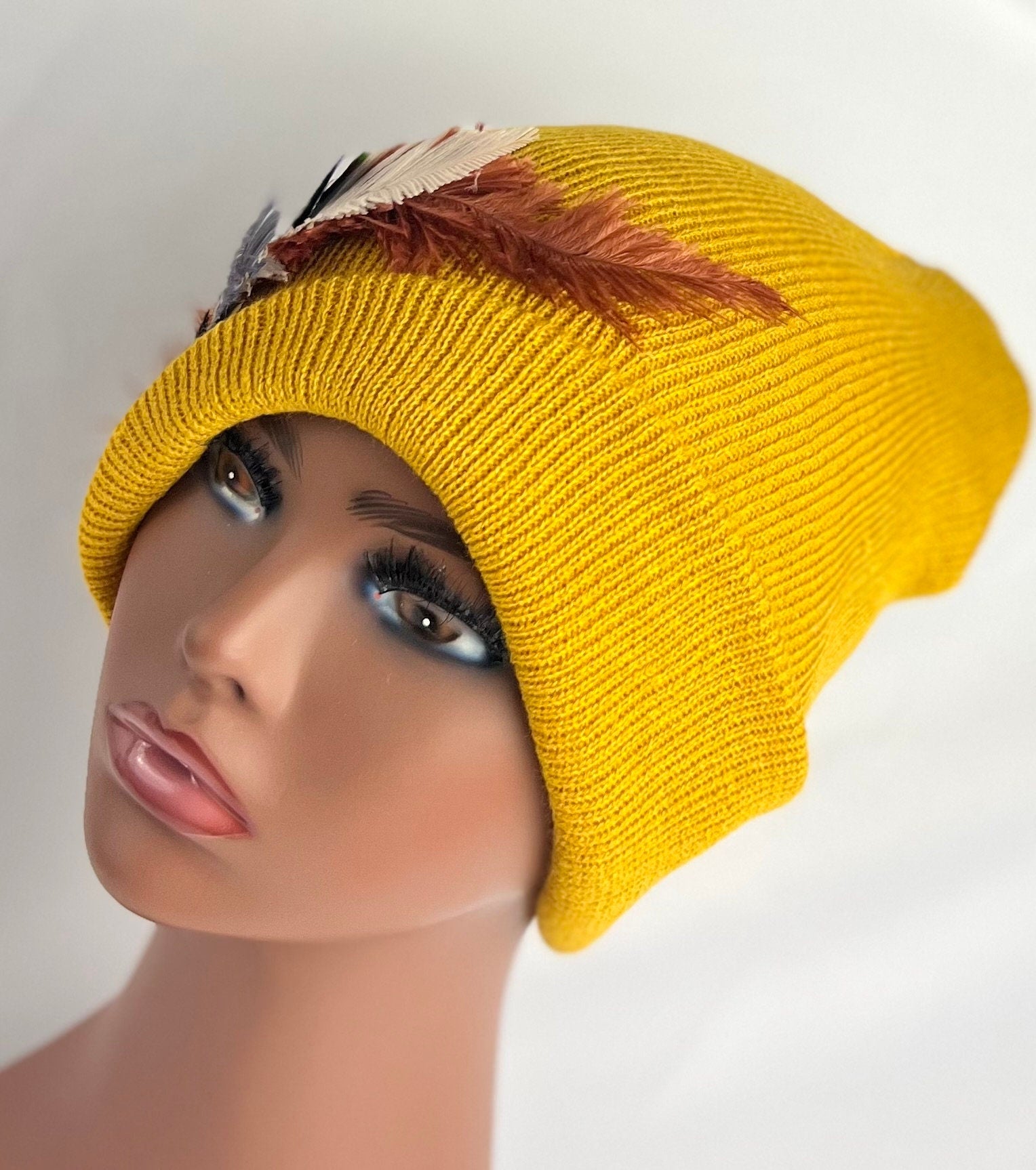 Embellished Feathered & Jeweled Knit Hat