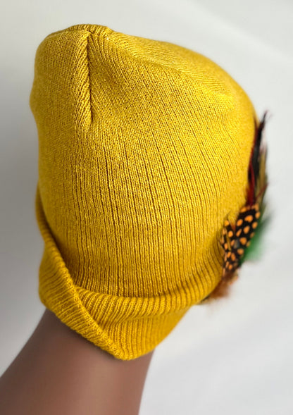 Embellished Feathered & Jeweled Knit Hat