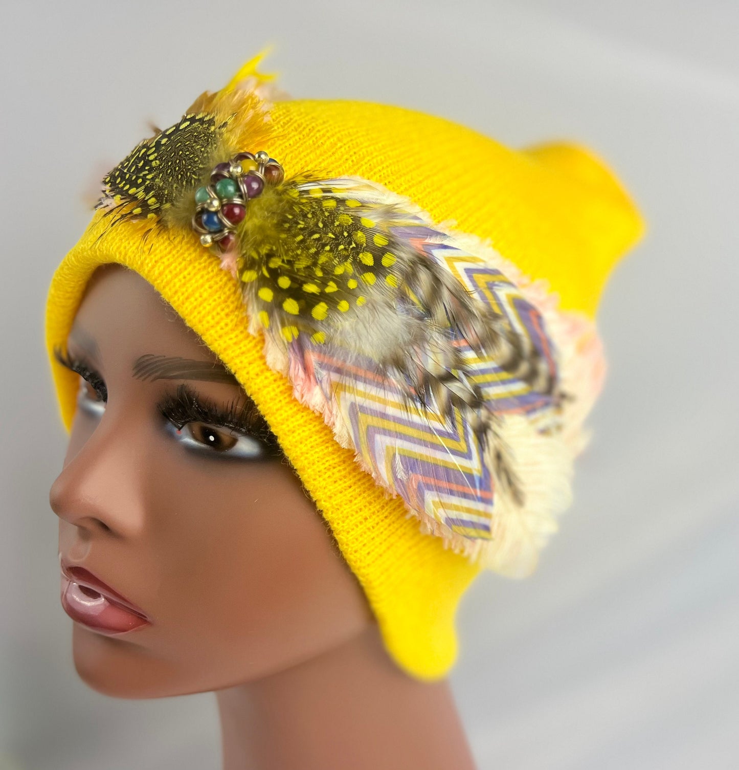 Embellished Feathered & Jeweled Knit Hat