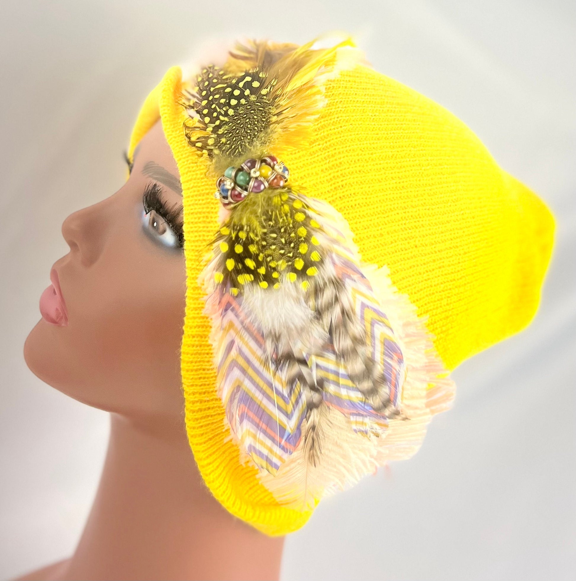 Embellished Feathered & Jeweled Knit Hat