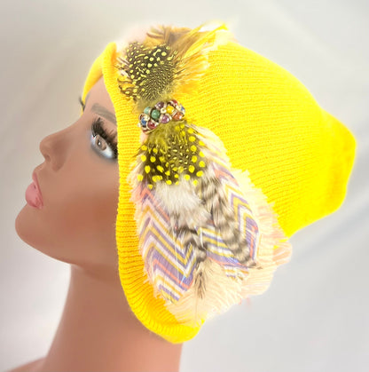 Embellished Feathered & Jeweled Knit Hat