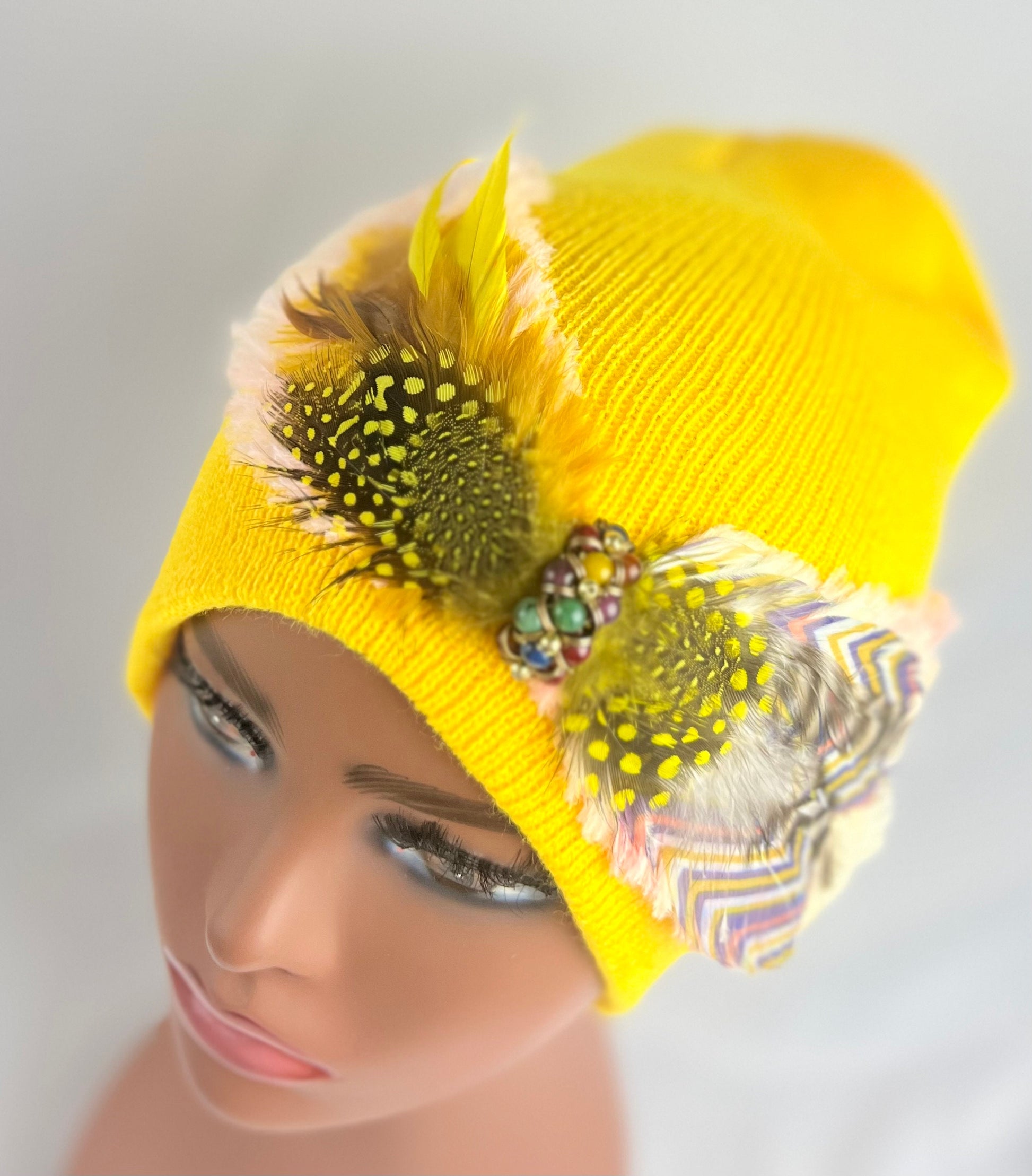 Embellished Feathered & Jeweled Knit Hat