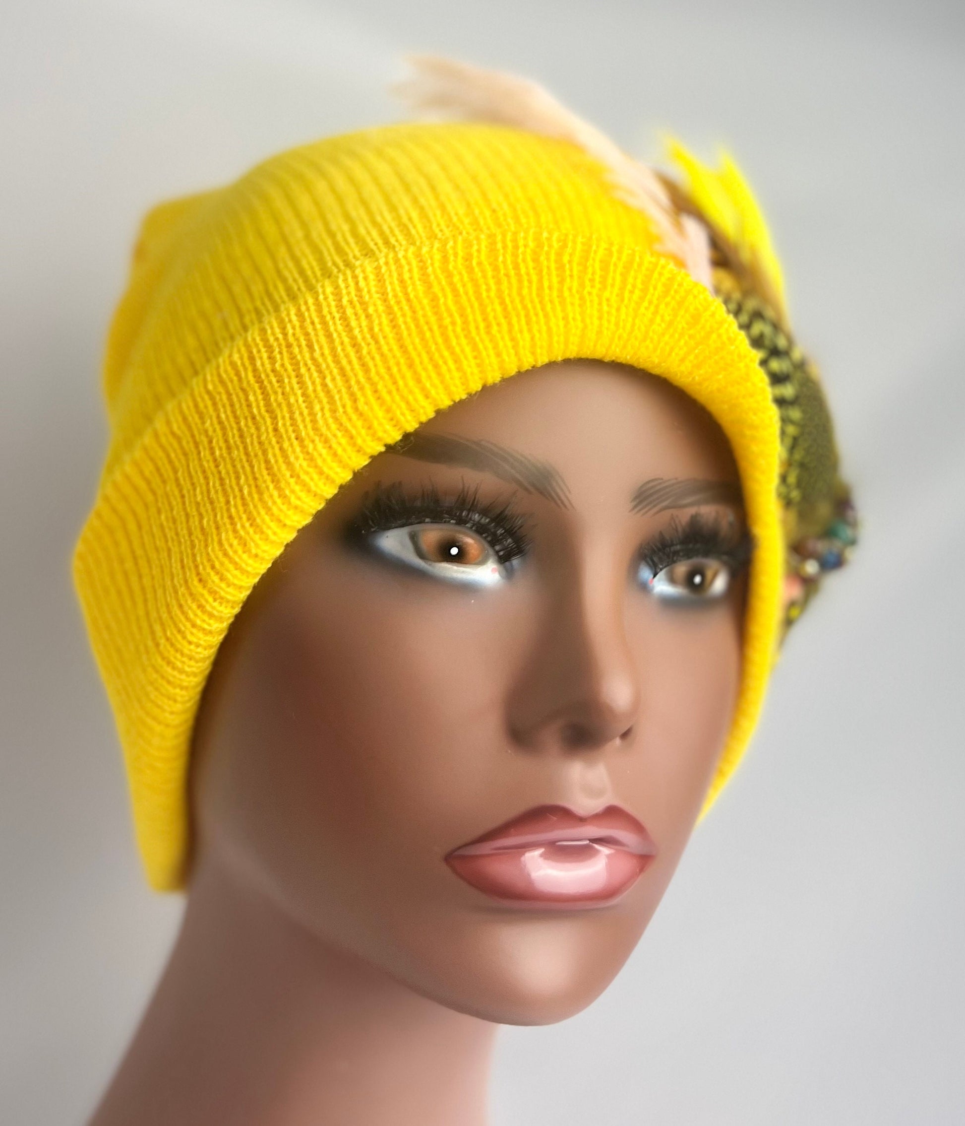 Embellished Feathered & Jeweled Knit Hat