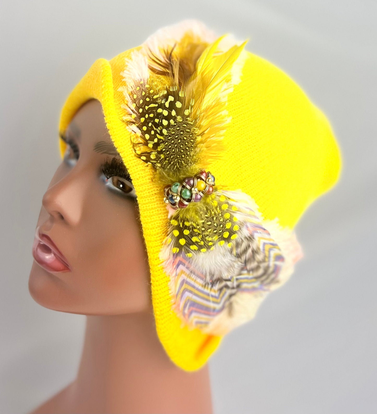 Embellished Feathered & Jeweled Knit Hat