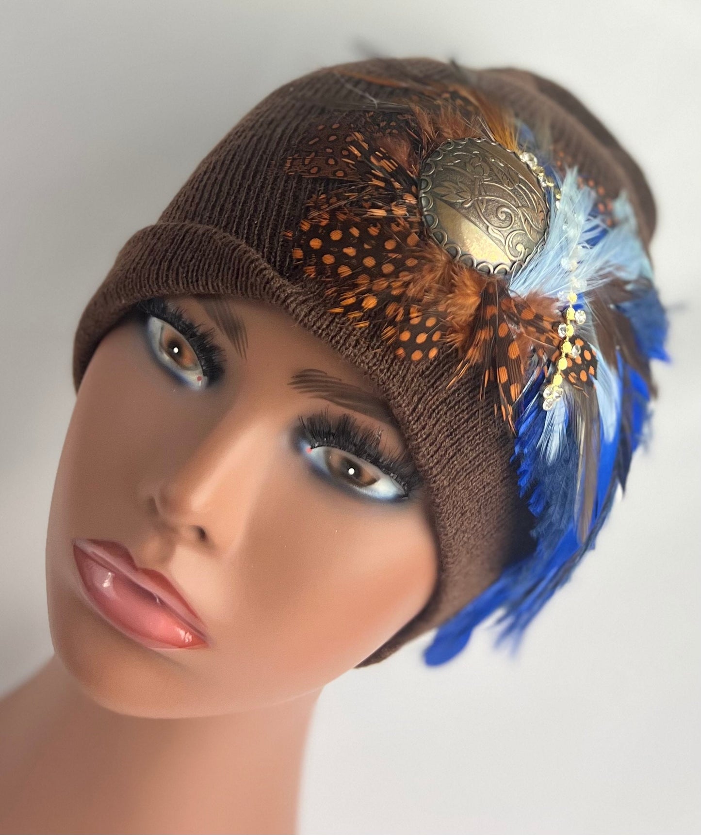 Embellished Feathered & Jeweled Knit Hat