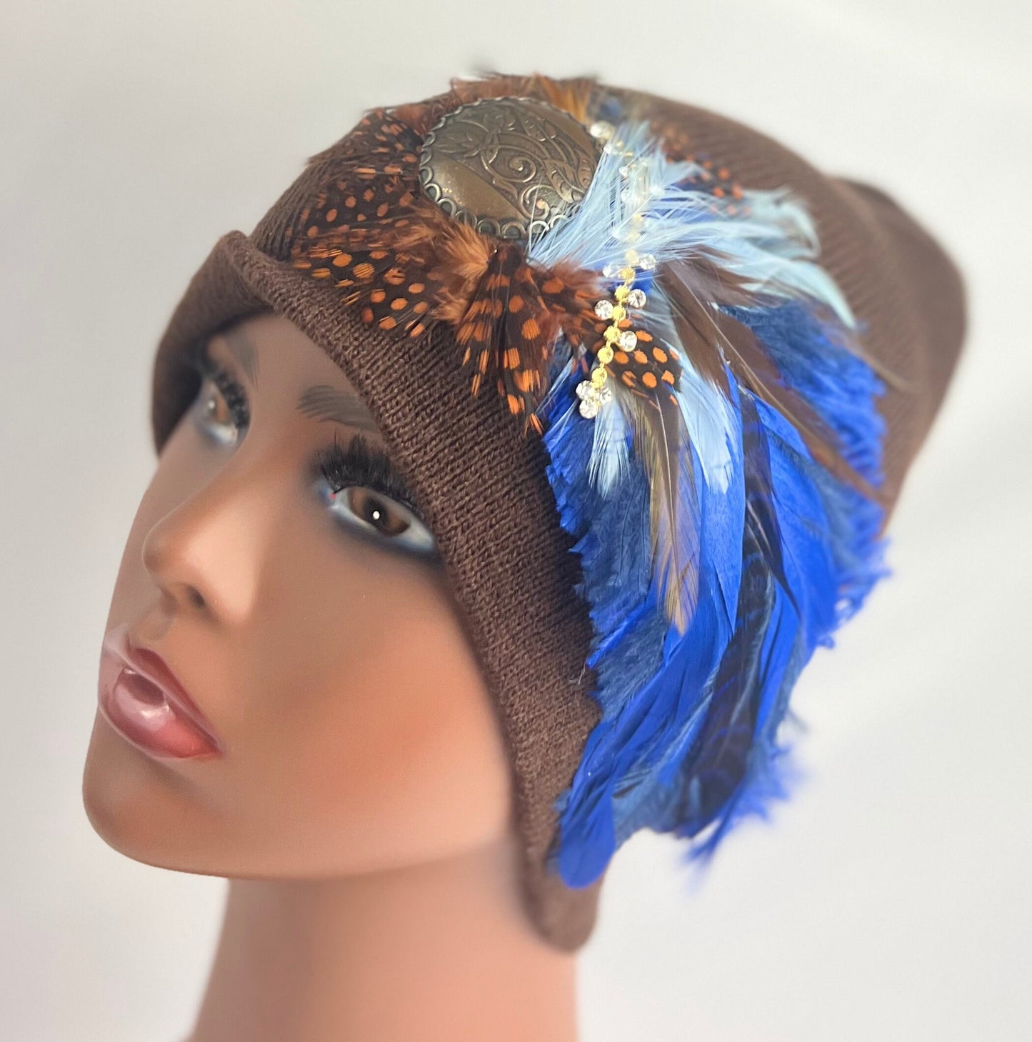 Embellished Feathered & Jeweled Knit Hat