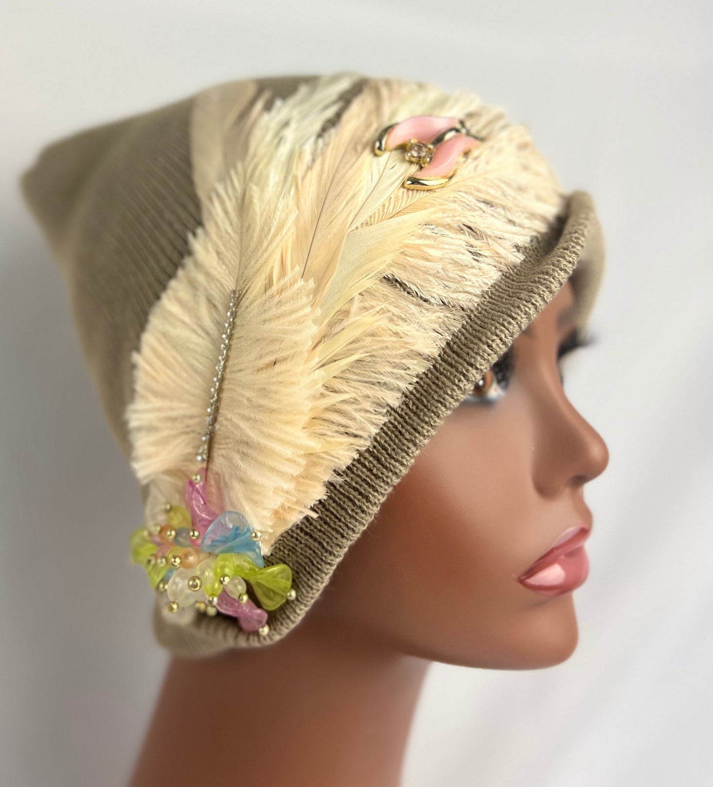 Embellished Feathered & Jeweled Knit Hats