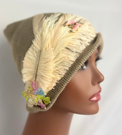 Embellished Feathered & Jeweled Knit Hats