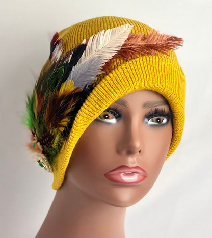 Embellished Feathered & Jeweled Knit Hat