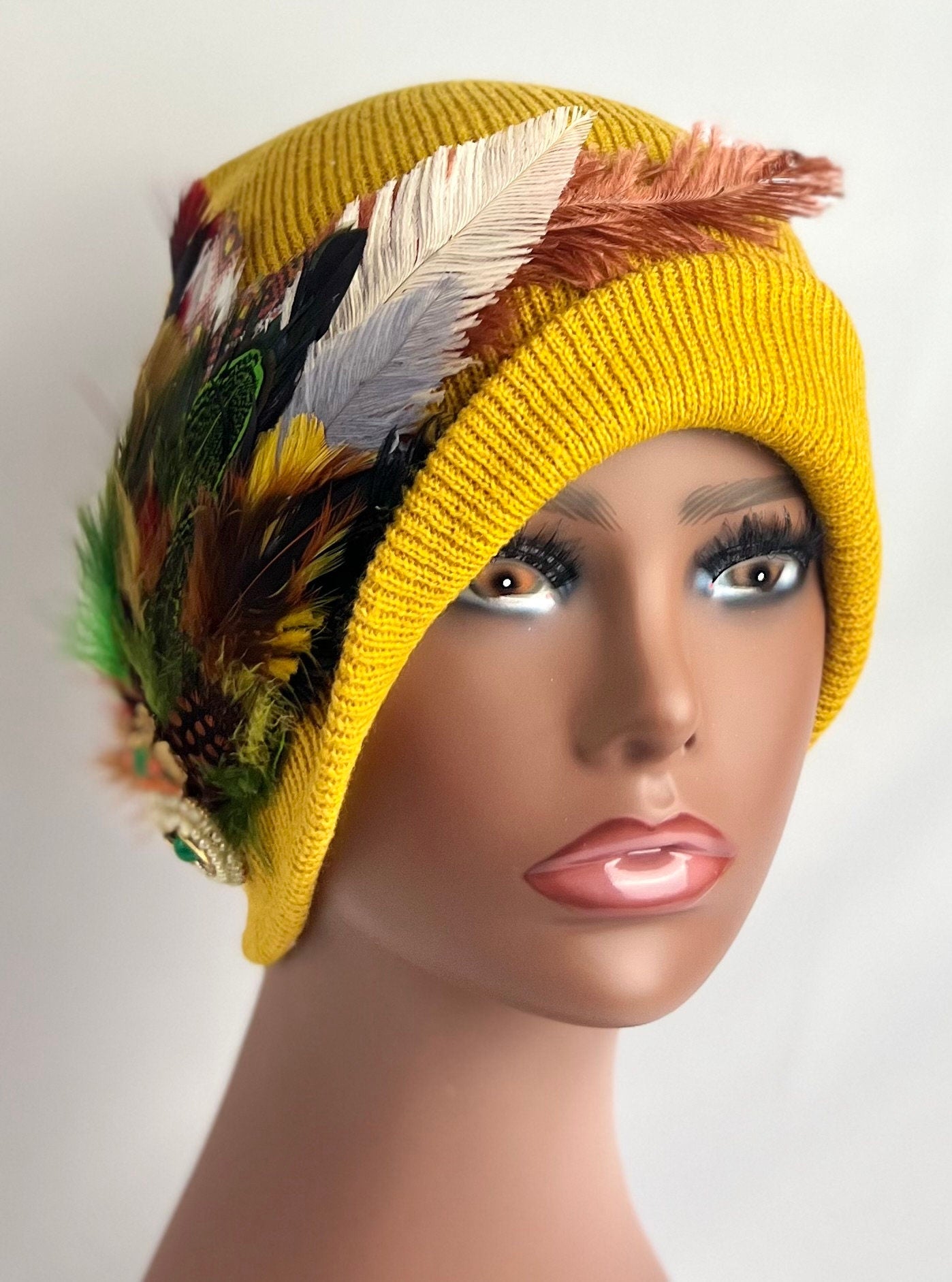 Embellished Feathered & Jeweled Knit Hat