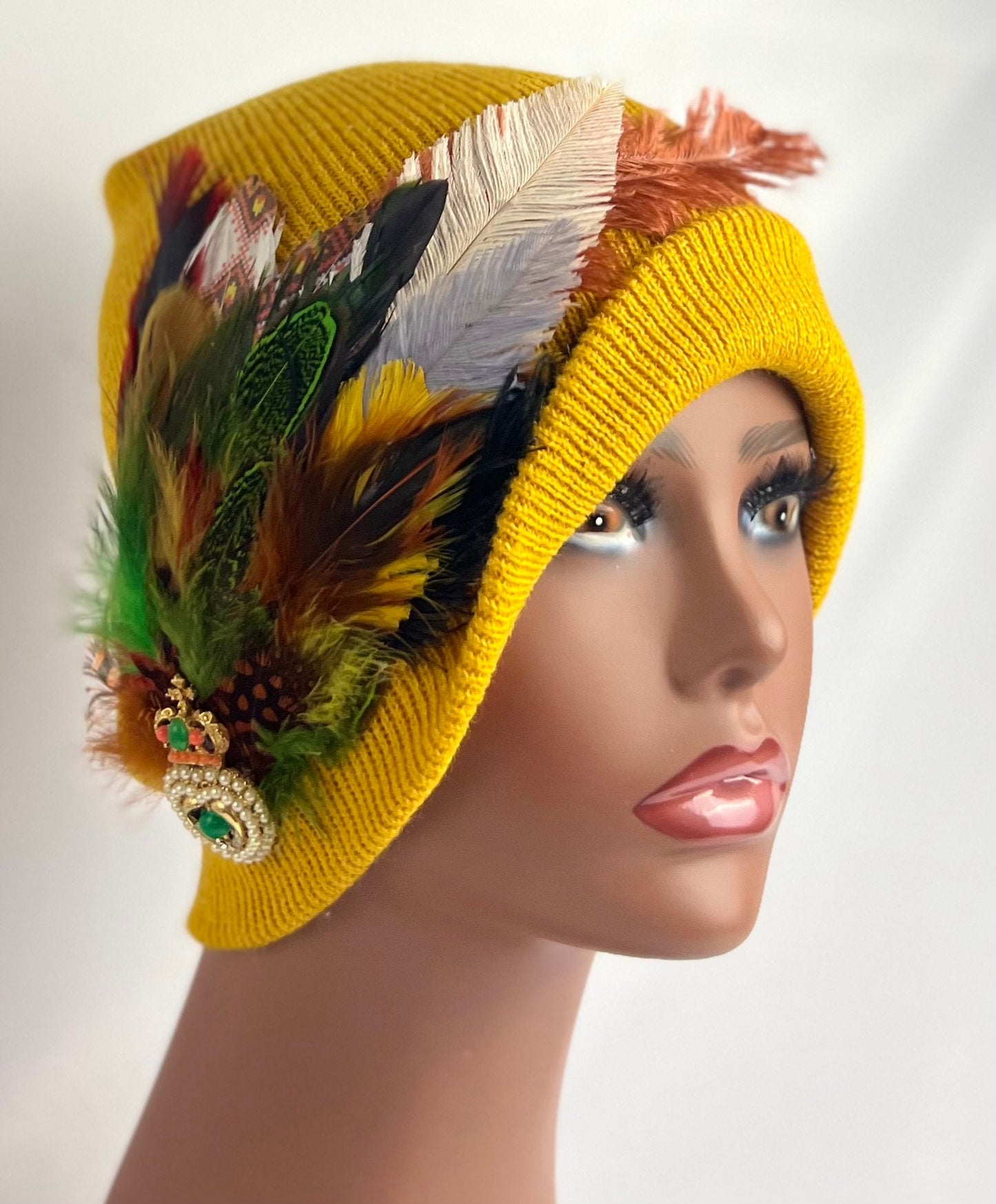 Embellished Feathered & Jeweled Knit Hat